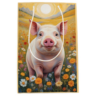 Bolsa De Regalo Mediana Feliz Cerdito Sunny Daisy Field