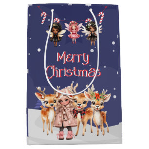 Bolsa De Regalo Mediana Feliz Chica de Navidad reno Candy Cane Fairies
