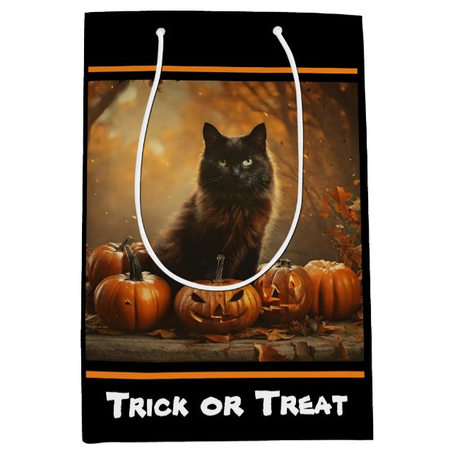 Bolsa De Regalo Mediana Feliz Colección de Gatos Negros de Halloween (Anverso)