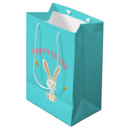 Bolsa De Regalo Mediana Feliz conejito blanco de Pascua en azul