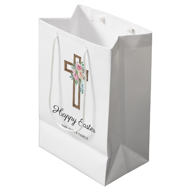 Bolsa De Regalo Mediana Feliz Cruz Floral de Pascua (Angulo Anverso)