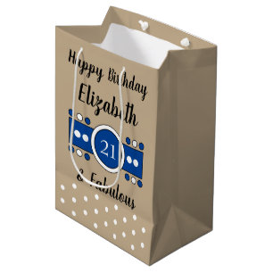 Bolsa De Regalo Mediana Feliz cumpleaños 21 y fabuloso azul marrón