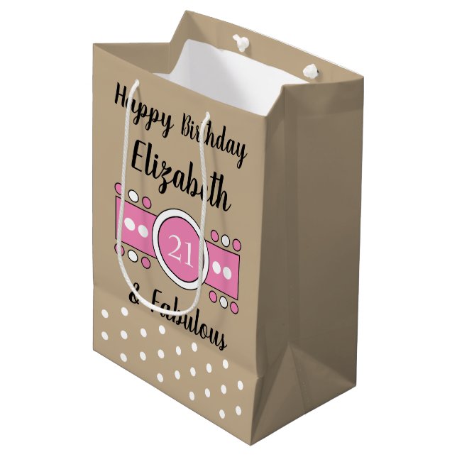Bolsa De Regalo Mediana Feliz cumpleaños 21 y fabuloso rosa marrón (Angulo Anverso)