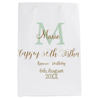 Bolsa De Regalo Mediana Feliz cumpleaños 30 dorado verde monograma pastel