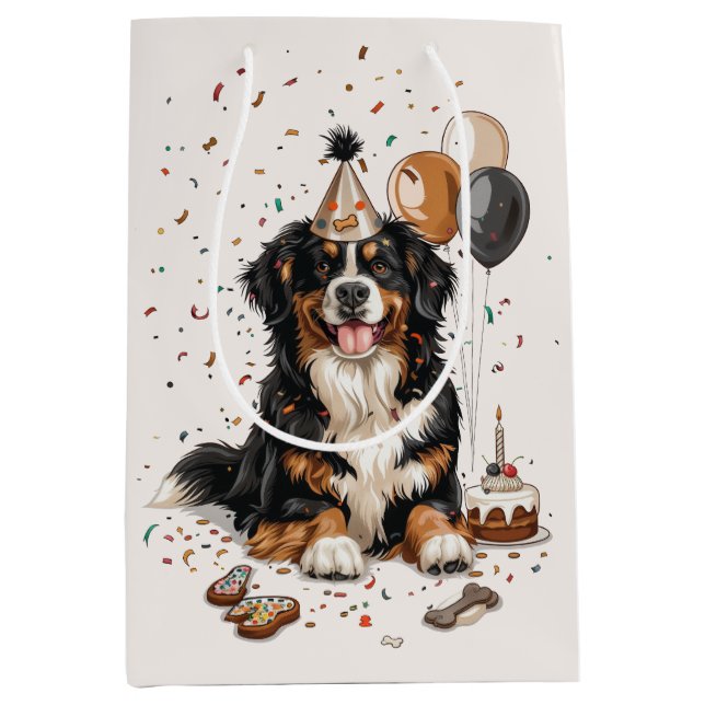 Bolsa De Regalo Mediana Feliz cumpleaños Bernese Mountain Dog (Anverso)
