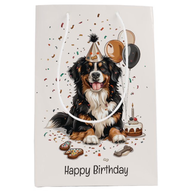 Bolsa De Regalo Mediana Feliz cumpleaños Bernese Mountain Dog (Anverso)