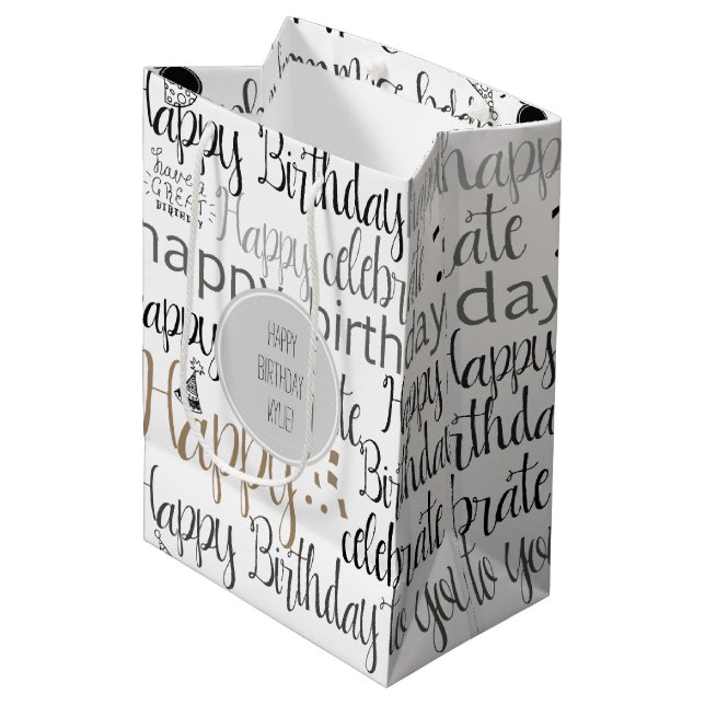 Bolsa De Regalo Mediana Feliz cumpleaños blanco   (Angulo Anverso)