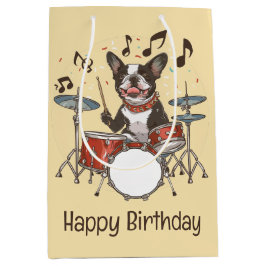 Bolsa De Regalo Mediana Feliz Cumpleaños Boston Terrier Tocando Batería