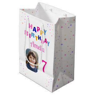 Bolsa De Regalo Mediana Feliz cumpleaños, Chica de estrellas rosadas.