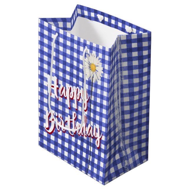 Bolsa De Regalo Mediana Feliz Cumpleaños Daisy En Blue Gingham (Angulo Anverso)