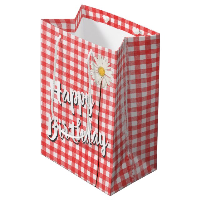 Bolsa De Regalo Mediana Feliz Cumpleaños Daisy En Red Gingham (Angulo Anverso)