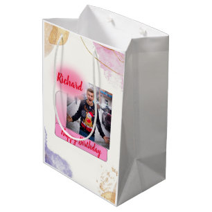 Bolsa De Regalo Mediana Feliz cumpleaños degradado rosa moderno Añadir nom