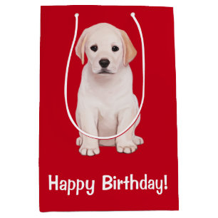 Bolsa De Regalo Mediana Feliz cumpleaños del perrito amarillo de Labrador