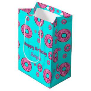 Bolsa De Regalo Mediana Feliz cumpleaños, donuts de crema rosada azul