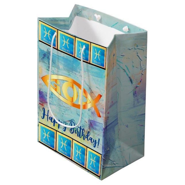 Bolsa De Regalo Mediana Feliz Cumpleaños /-Febrero 19 - Marzo 20 Pisces (Angulo Anverso)