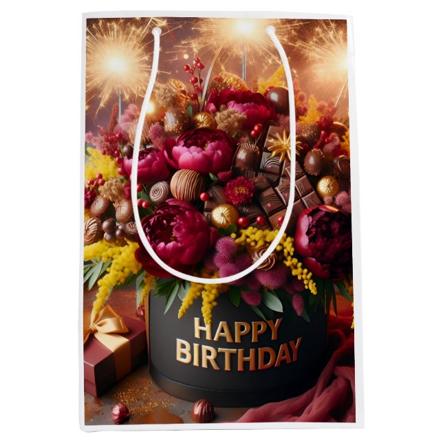 Bolsa De Regalo Mediana Feliz cumpleaños, flores y chocolate, de Natasha (Anverso)