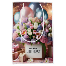 Bolsa De Regalo Mediana Feliz cumpleaños, flores y regalos, de Natasha Us
