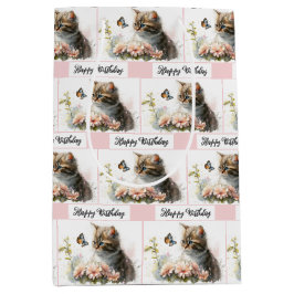 Bolsa De Regalo Mediana Feliz Cumpleaños Gatito En Jardín
