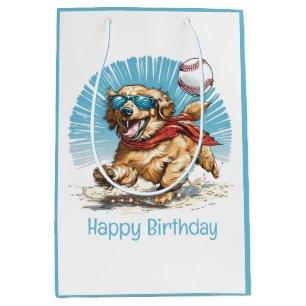 Bolsa De Regalo Mediana Feliz cumpleaños, Golden Retriever jugando al béis