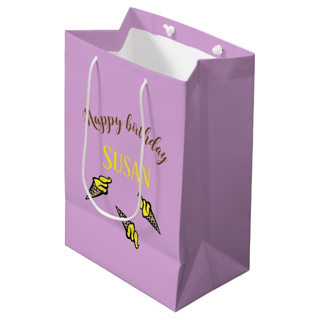 Bolsa De Regalo Mediana Feliz cumpleaños, helado amarillo en morado (Angulo Anverso)