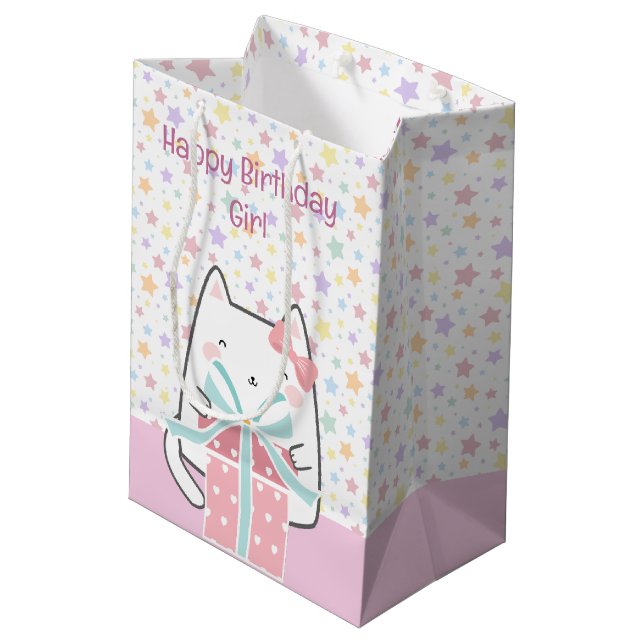 Bolsa De Regalo Mediana Feliz cumpleaños Kawaii Cat con caja de regalo (Angulo reverso)
