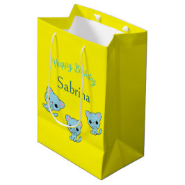 Bolsa De Regalo Mediana Feliz cumpleaños lindos gatitos azules amarillos