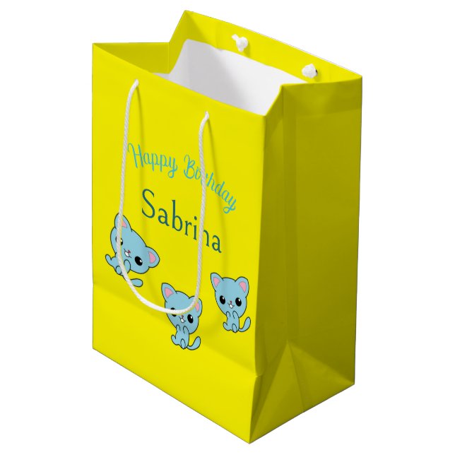 Bolsa De Regalo Mediana Feliz cumpleaños lindos gatitos azules amarillos (Angulo Anverso)