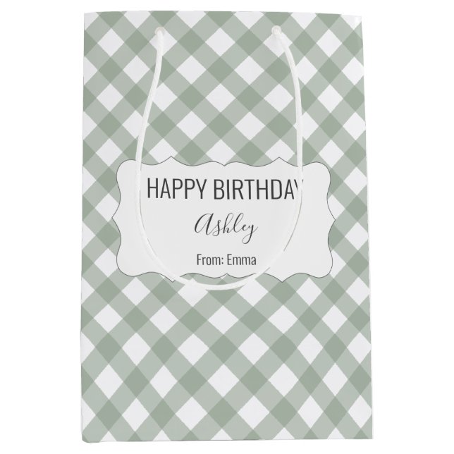 Bolsa De Regalo Mediana Feliz Cumpleaños + Nombre + Desde Green Gingham (Anverso)