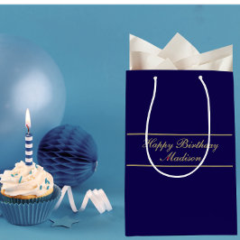 Bolsa De Regalo Mediana Feliz Cumpleaños Nombre en Guión Azul Oro