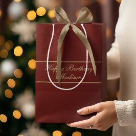 Bolsa De Regalo Mediana Feliz Cumpleaños Nombre en Guión Burgundy Gold