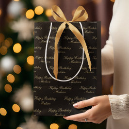 Bolsa De Regalo Mediana Feliz Cumpleaños Nombre en Guión Negro Oro