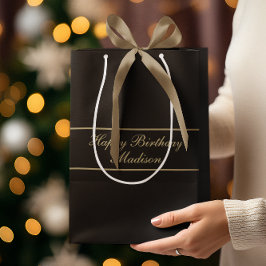 Bolsa De Regalo Mediana Feliz Cumpleaños Nombre en Guión Negro Oro
