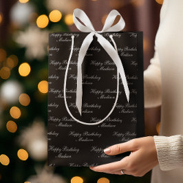 Bolsa De Regalo Mediana Feliz Cumpleaños Nombre en Guión Negro Plateado