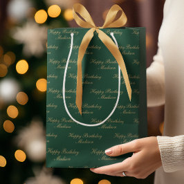 Bolsa De Regalo Mediana Feliz Cumpleaños Nombre en Guión Verde Dorado