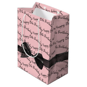 Bolsa De Regalo Mediana Feliz cumpleaños número 13 Lazo negro sobre rosa