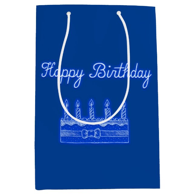 Bolsa De Regalo Mediana Feliz cumpleaños Pastel de neón Rótulo azul texto  (Anverso)