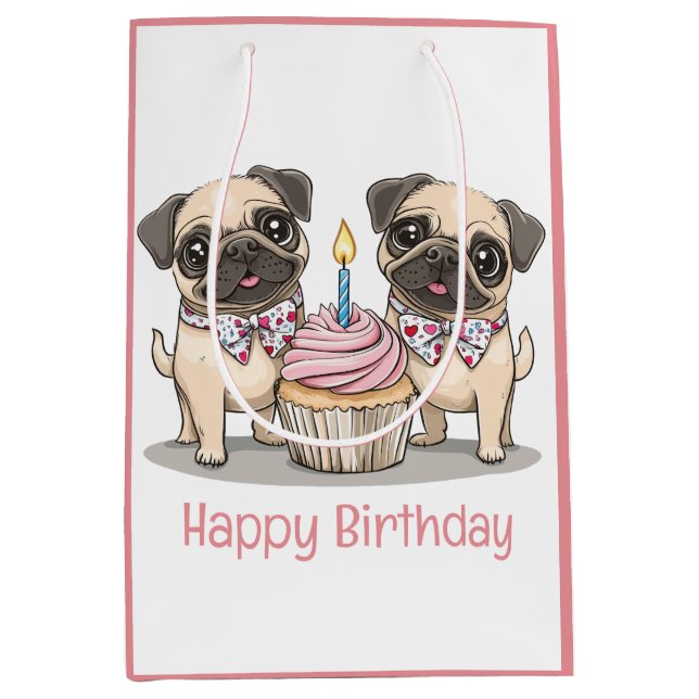 Bolsa De Regalo Mediana Feliz cumpleaños, pastelito de perros pug (Anverso)