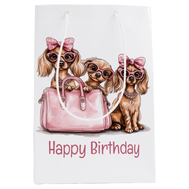 Bolsa De Regalo Mediana Feliz cumpleaños, perros Dachshund de moda (Anverso)