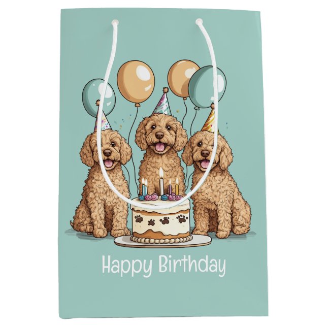 Bolsa De Regalo Mediana Feliz Cumpleaños Perros Goldendoodle (Anverso)