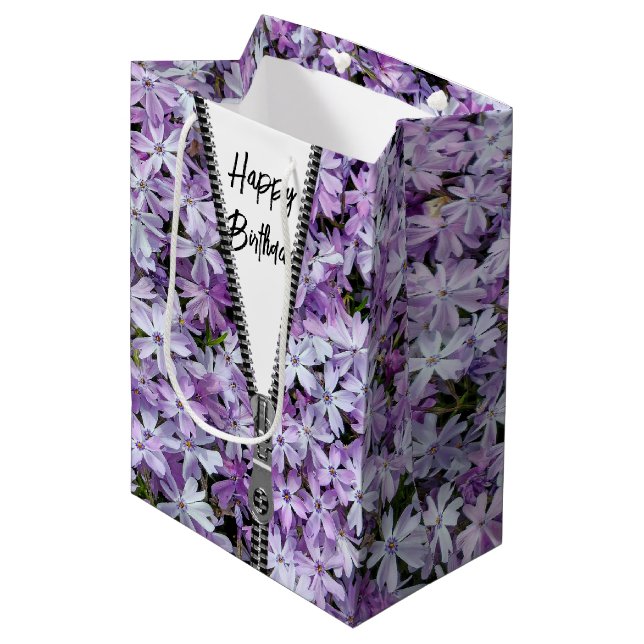 Bolsa De Regalo Mediana Feliz cumpleaños púrpura Phlox con cremallera (Angulo Anverso)