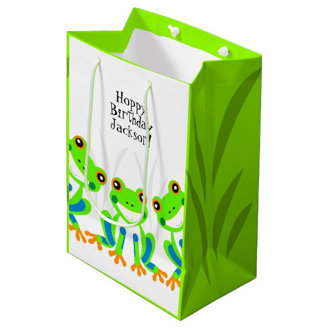 Bolsa De Regalo Mediana ¡Feliz cumpleaños! Ranas de árbol verde puro en la (Angulo Anverso)