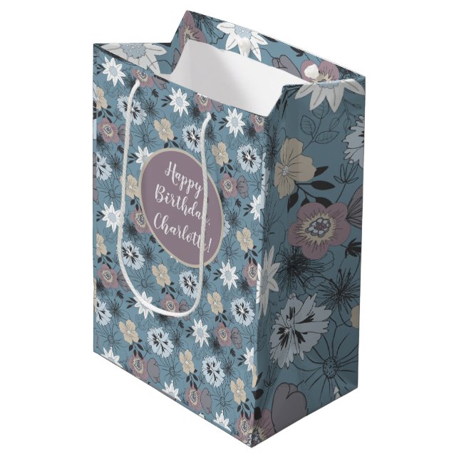 Bolsa De Regalo Mediana Feliz cumpleaños Rosa azul patrón floral elegante (Angulo Anverso)