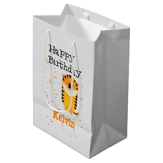 Bolsa De Regalo Mediana Feliz cumpleaños tigre lindo nombre personalizado  (Angulo Anverso)