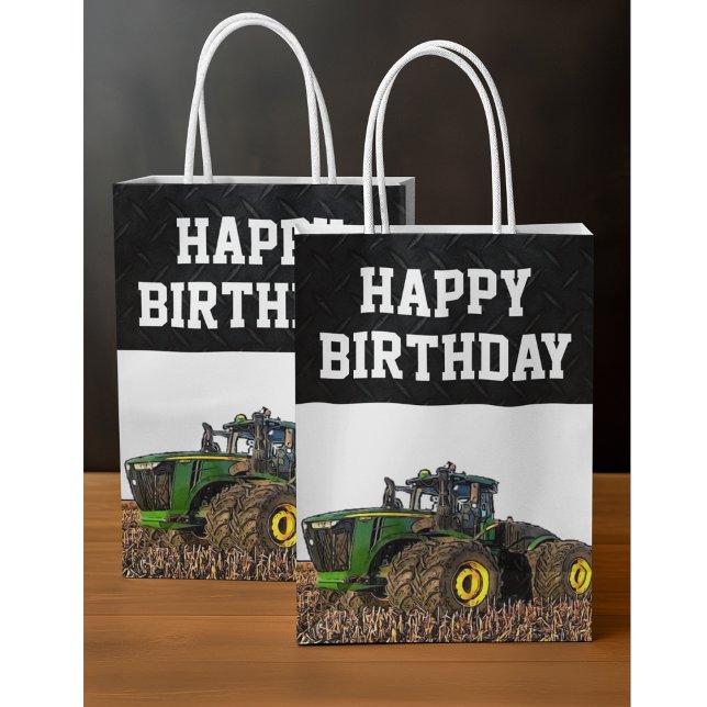 Bolsa De Regalo Mediana Feliz cumpleaños Tractor de agricultura de equipos (Happy Birthday Tractor Party Gift Bag.)