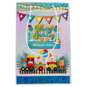 Bolsa De Regalo Mediana Feliz Cumpleaños Tren Con Deseos De Animales Lindo