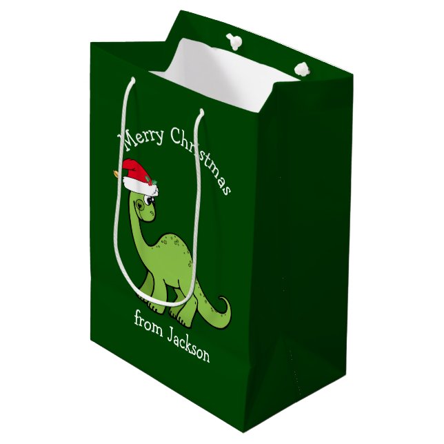 Bolsa De Regalo Mediana Feliz Dinosaurio de Navidad en niños Personalizado (Angulo Anverso)