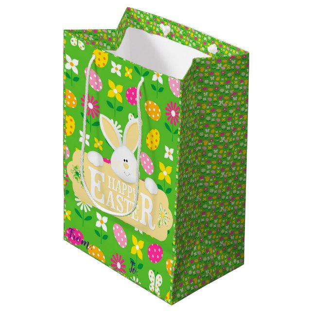 Bolsa De Regalo Mediana Feliz fiesta de Pascua Bunny Floral (Angulo Anverso)