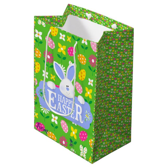 Bolsa De Regalo Mediana Feliz fiesta de Pascua Bunny Floral (Angulo Anverso)