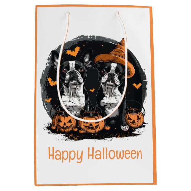 Bolsa De Regalo Mediana Feliz Halloween Boston Terrier Dogs (Anverso)