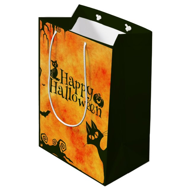 Bolsa De Regalo Mediana Feliz Halloween bruja calabazas de búhos gatos (Angulo reverso)
